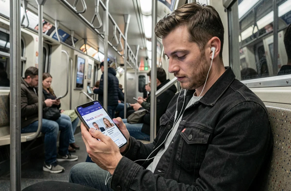 Homme lisant l'actualité people sur son smartphone dans le métro