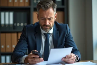 Homme d'affaires inquiet avec smartphone et documents