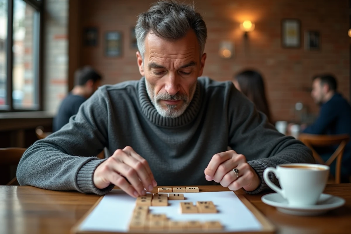 Homme arrangeant des tuiles de lettres en bois pour créer des anagrammes dans un café urbain