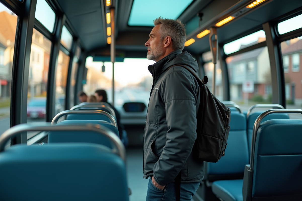 Homme dans un bus autonome futuriste regardant par la fenêtre