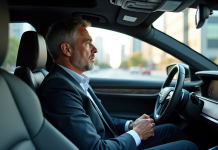 Inconvénients voiture autonome : impacts sur la conduite et sécurité Homme d'âge moyen dans une voiture autonome en conduite