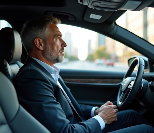 Homme d'âge moyen dans une voiture autonome en conduite