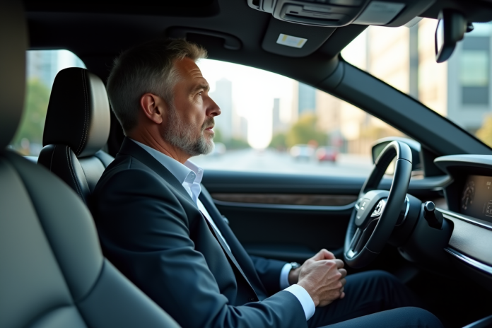homme-autonome-voiture-confiance Homme d'âge moyen dans une voiture autonome en conduite