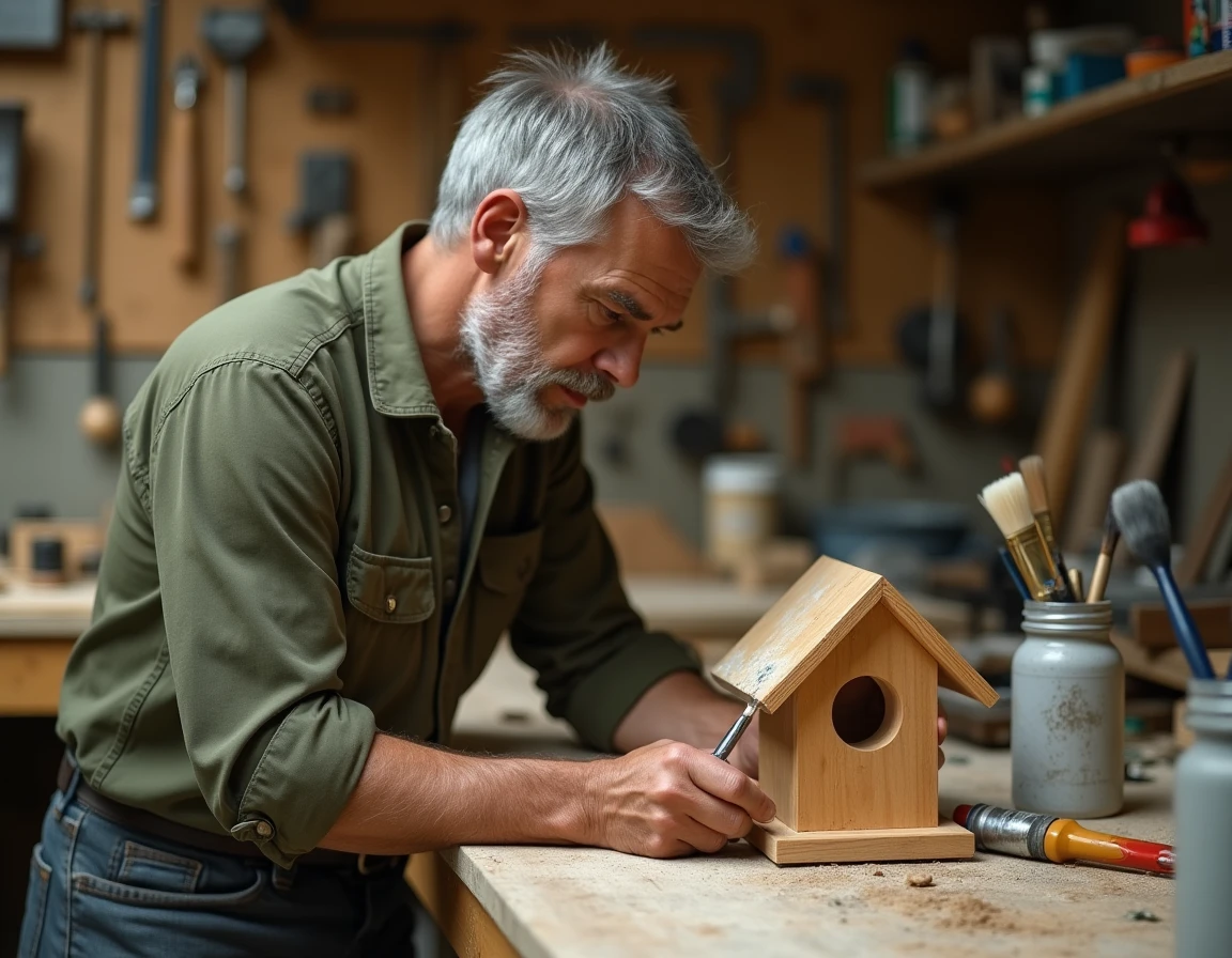 Homme de 50 ans peignant une cabane à oiseaux en bois dans un atelier de bricolage à domicile