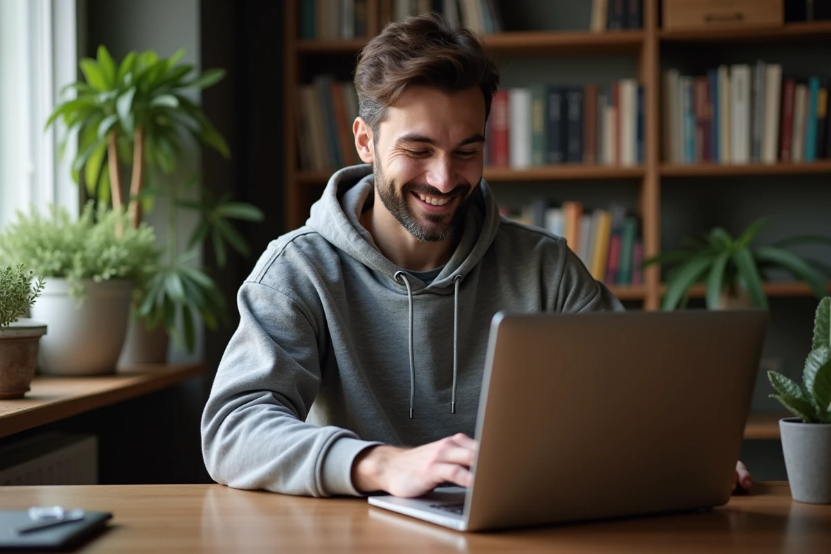 Homme concentré travaillant sur son ordinateur dans un bureau cosy