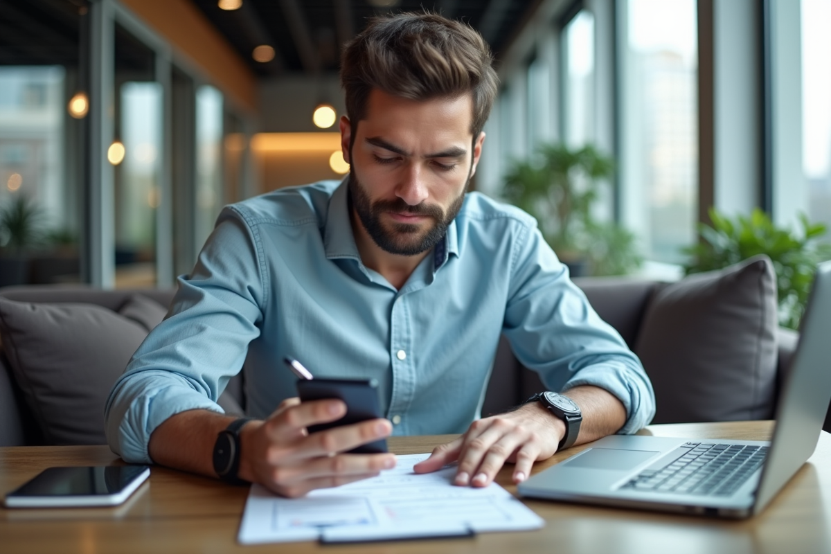 Jeune homme analysant un document financier au bureau