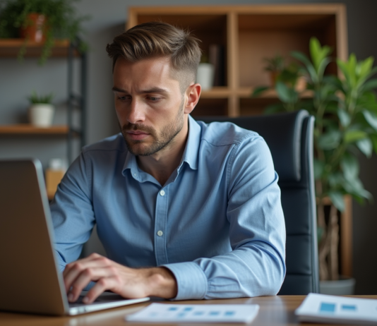 Évaluer le télétravail : conseils et bonnes pratiques pour une organisation efficace Homme en bureau regardant des graphiques sur son ordinateur