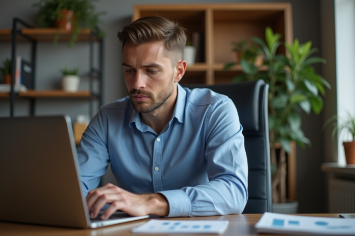 homme-bureau-graphes Homme en bureau regardant des graphiques sur son ordinateur