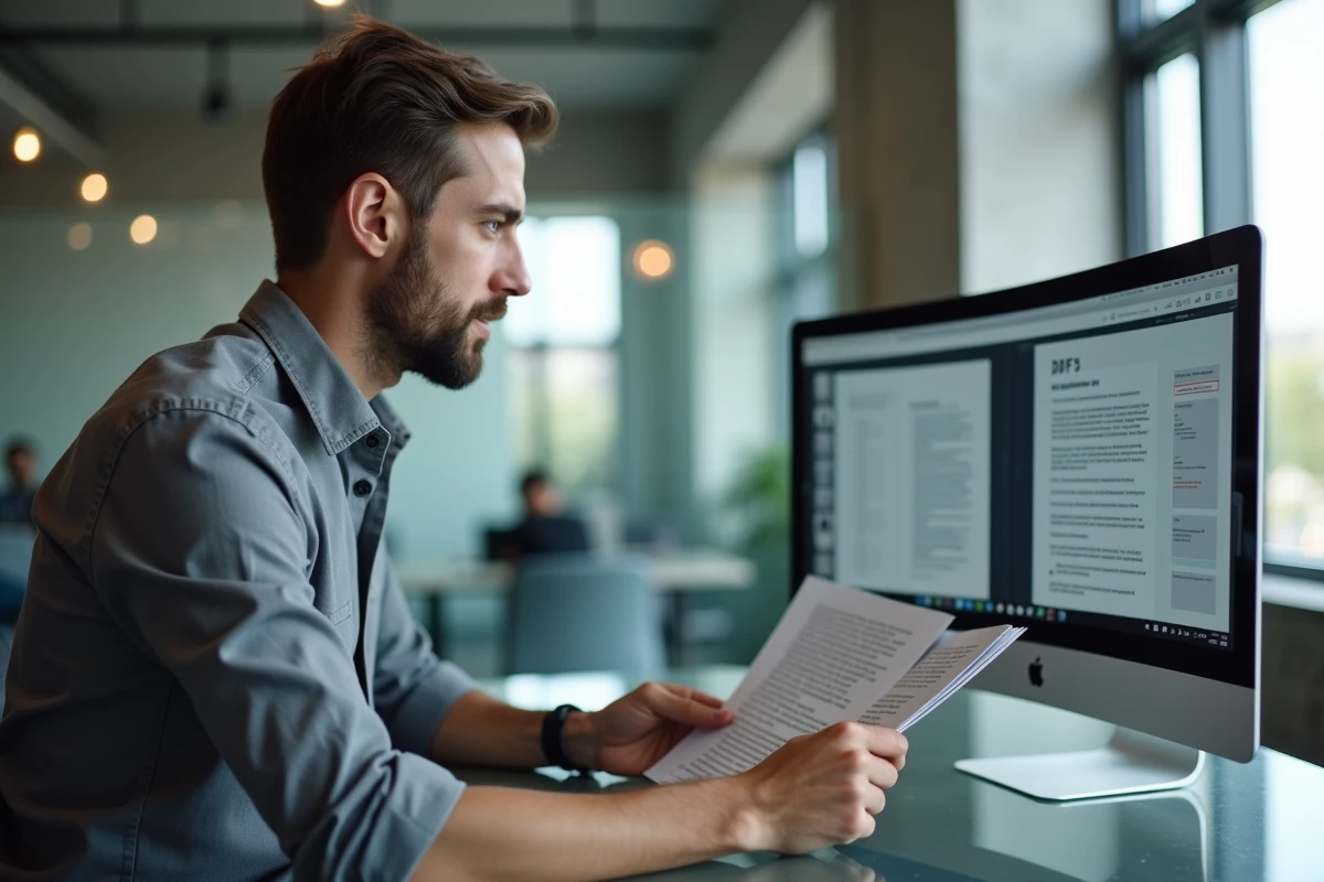 Homme comparant un livre physique avec un logiciel de numérisation PDF sur écran dans un espace de coworking