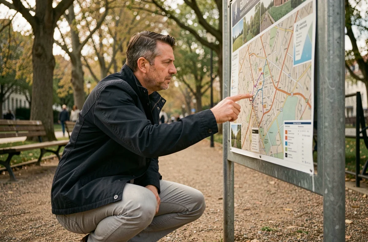 Homme consultant un plan de ville pour localiser des toilettes publiques dans un parc urbain