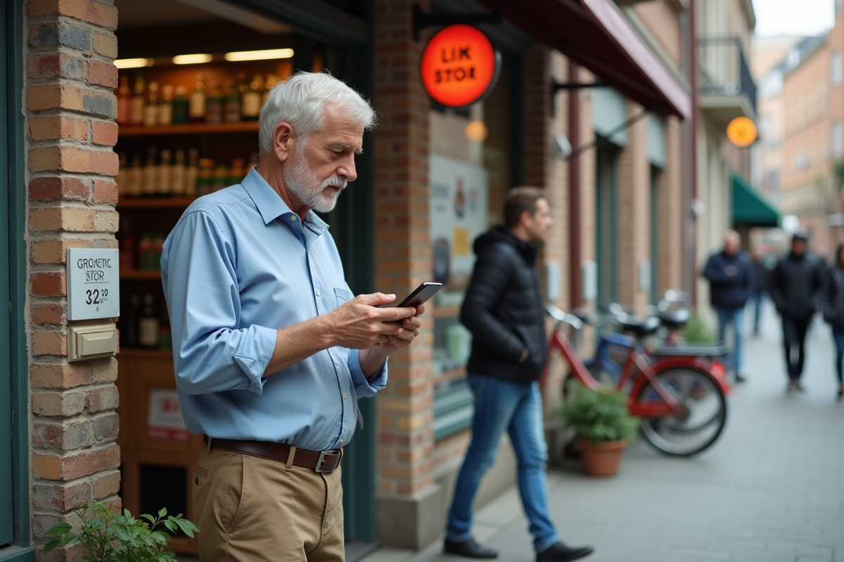 Homme âgé scannant un coupon de réduction devant une épicerie