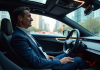 Conduite autonome : Elon Musk et sa promesse révolutionnaire ! Homme d'âge moyen dans une voiture autonome futuriste