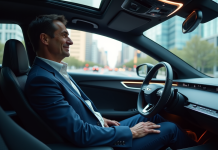 Homme d'âge moyen dans une voiture autonome futuriste