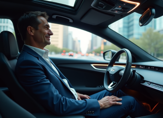 Conduite autonome : Elon Musk et sa promesse révolutionnaire ! Homme d'âge moyen dans une voiture autonome futuriste