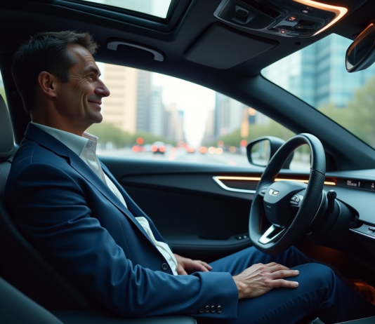 Conduite autonome : Elon Musk et sa promesse révolutionnaire ! Homme d'âge moyen dans une voiture autonome futuriste