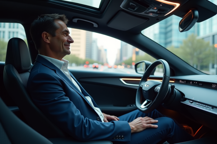 homme-futuriste-voiture-autonome Homme d'âge moyen dans une voiture autonome futuriste
