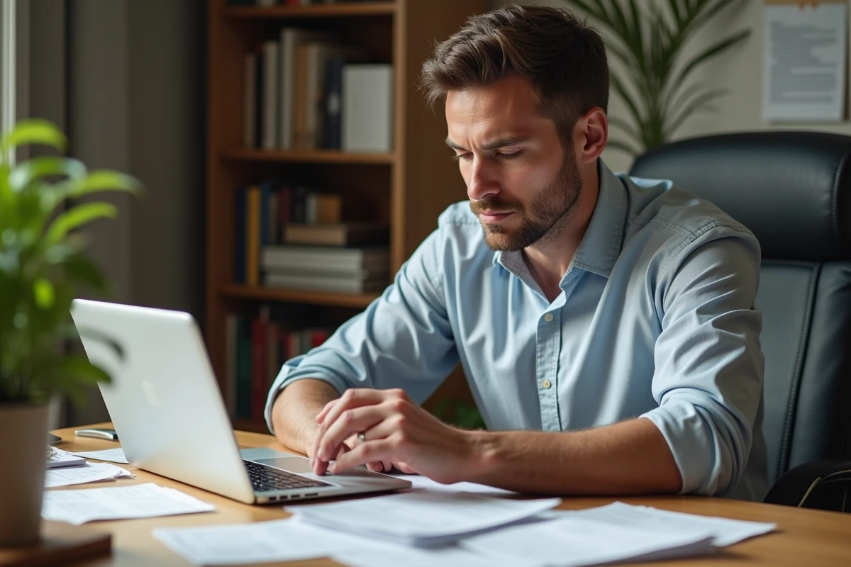 Homme vérifie ses reçus et offre en ligne au bureau