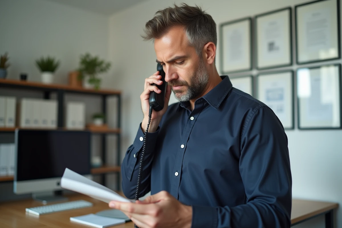 Homme notant un message vocal sur son téléphone fixe dans un bureau à domicile