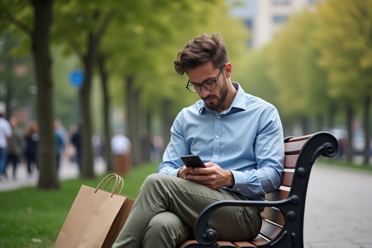 Homme dans un parc urbain vérifiant son smartphone