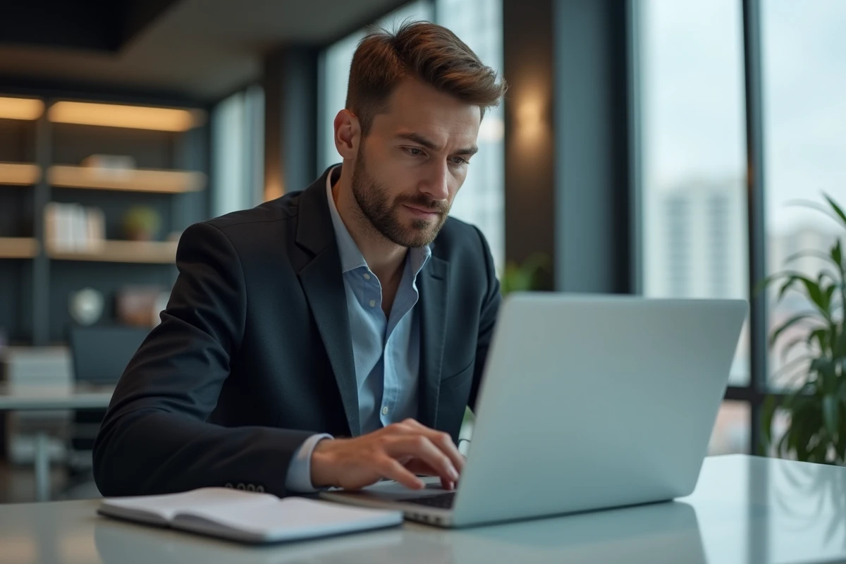 Homme professionnel utilisant un ordinateur dans un bureau moderne