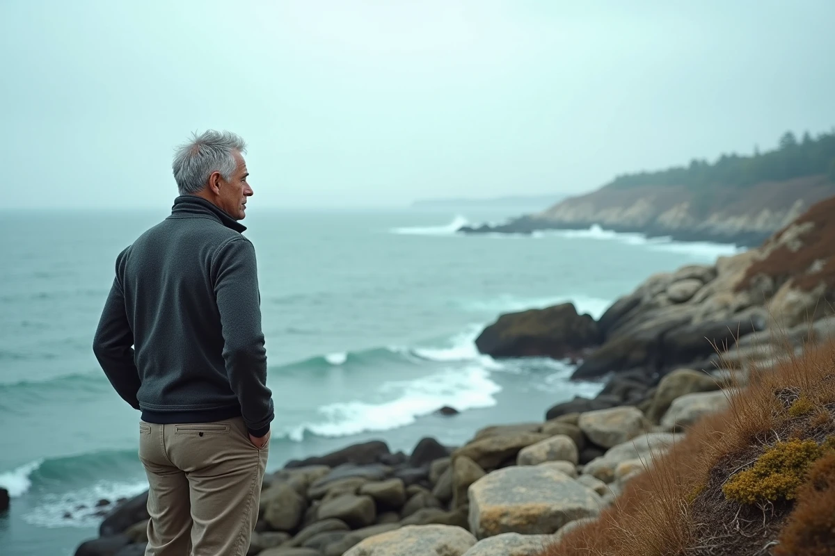 Homme regardant la mer sur une côte rocheuse