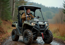 Homme d'âge moyen souriant sortant d'un quad en forêt automnale