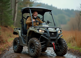 Les avantages d’un quad avec cabine : justifient-ils le prix ? Homme d'âge moyen souriant sortant d'un quad en forêt automnale