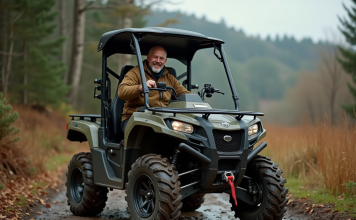 Les avantages d’un quad avec cabine : justifient-ils le prix ? Homme d'âge moyen souriant sortant d'un quad en forêt automnale