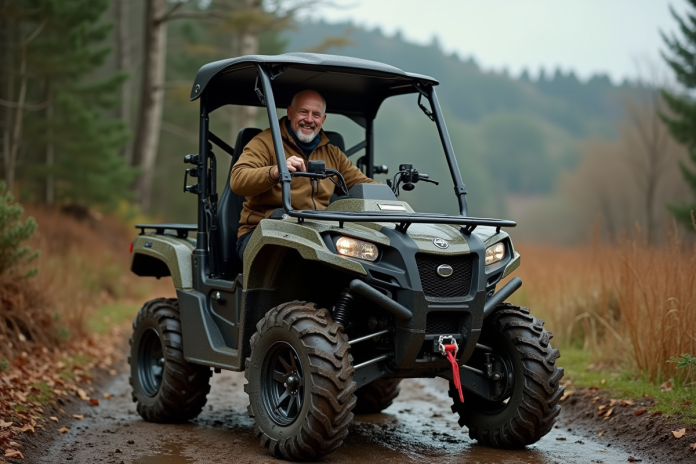Homme d'âge moyen souriant sortant d'un quad en forêt automnale