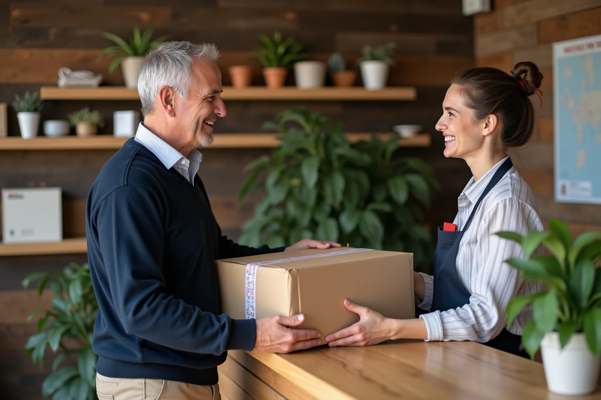 Homme remettant un colis à une employée dans un magasin de colis