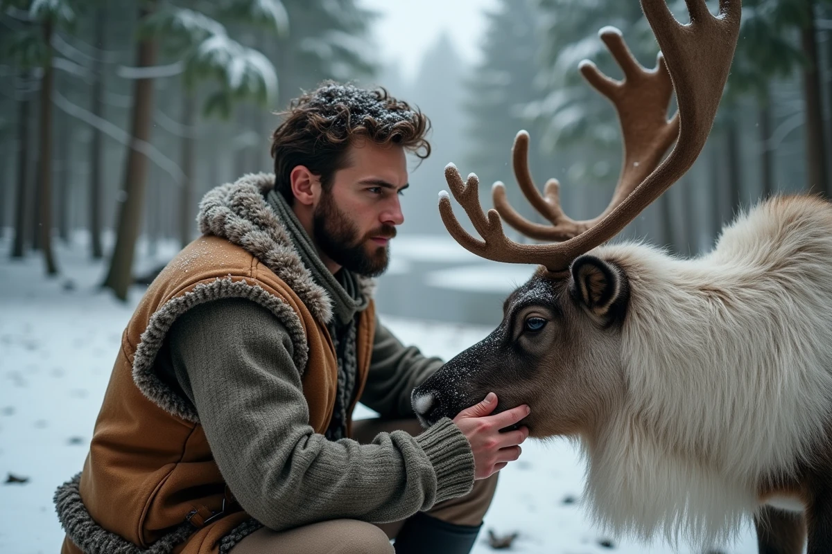 Homme rustique partageant un moment complice avec un renne dans une forêt enneigée, symbolisant l'amitié entre Kristoff et Sven dans l'univers Disney