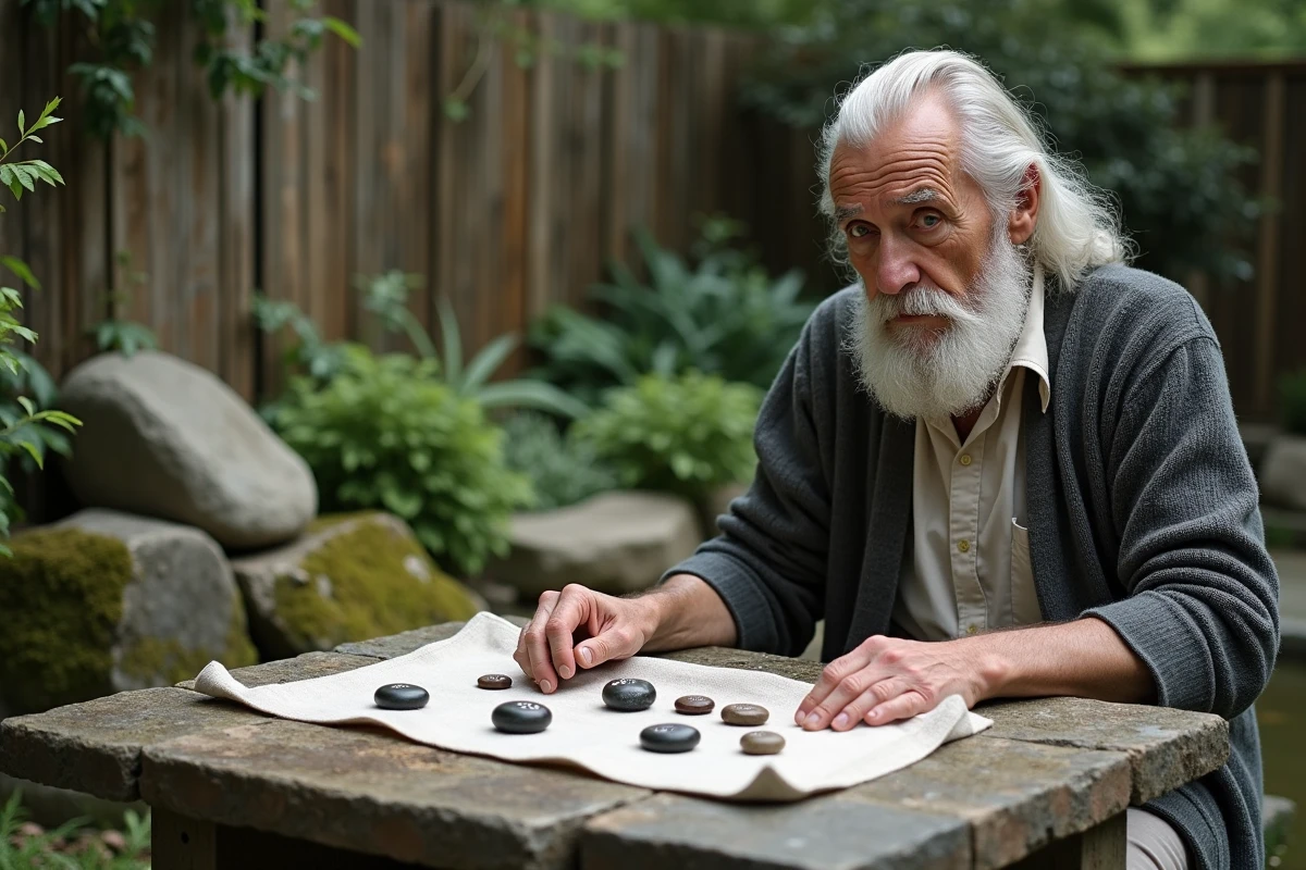 Homme âgé arrangeant des runes dans un jardin naturel