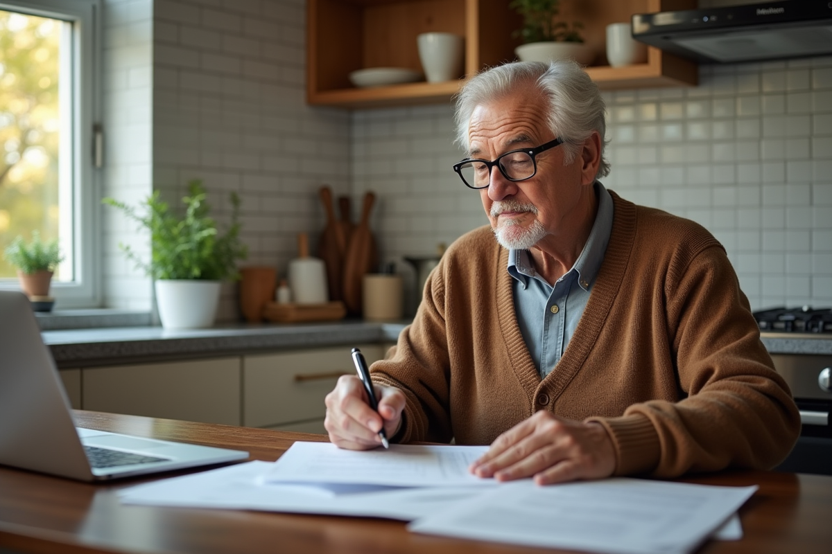 Homme senior travaillant à la maison avec papiers et ordinateur