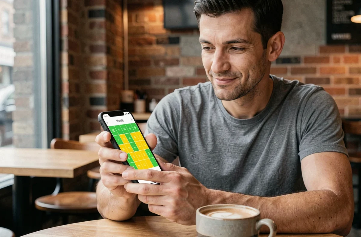 Homme tenant un smartphone avec une grille Wordle colorée dans un café urbain moderne