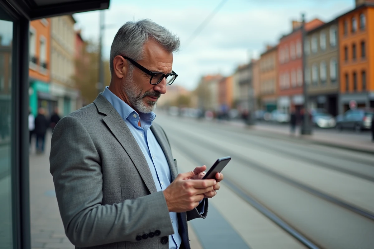 Homme surveillant les trajets de tram avec son smartphone