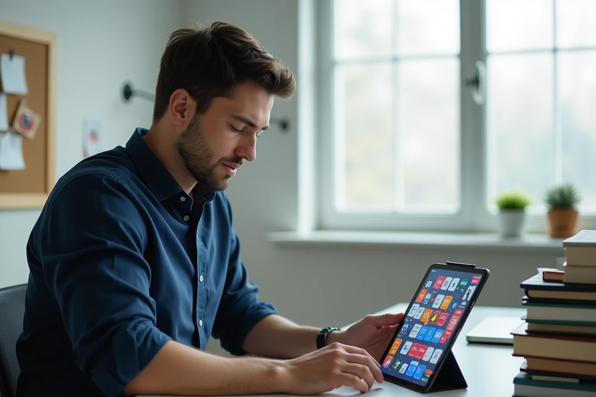 Homme concentré cherchant une solution rapide au jeu 4 Images 1 Mot 5 lettres sur tablette