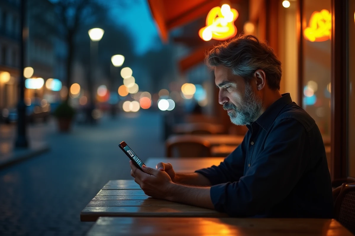 Homme regardant son téléphone affichant 21h21 sur une terrasse de café la nuit, illustrant la synchronicité des heures miroirs