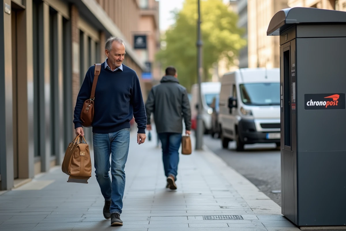 Homme marchant vers un kiosque de livraison en extérieur en ville