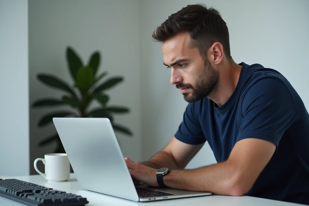 Homme analysant des liens de tours gratuits Coin Master sur ordinateur pour éviter les arnaques