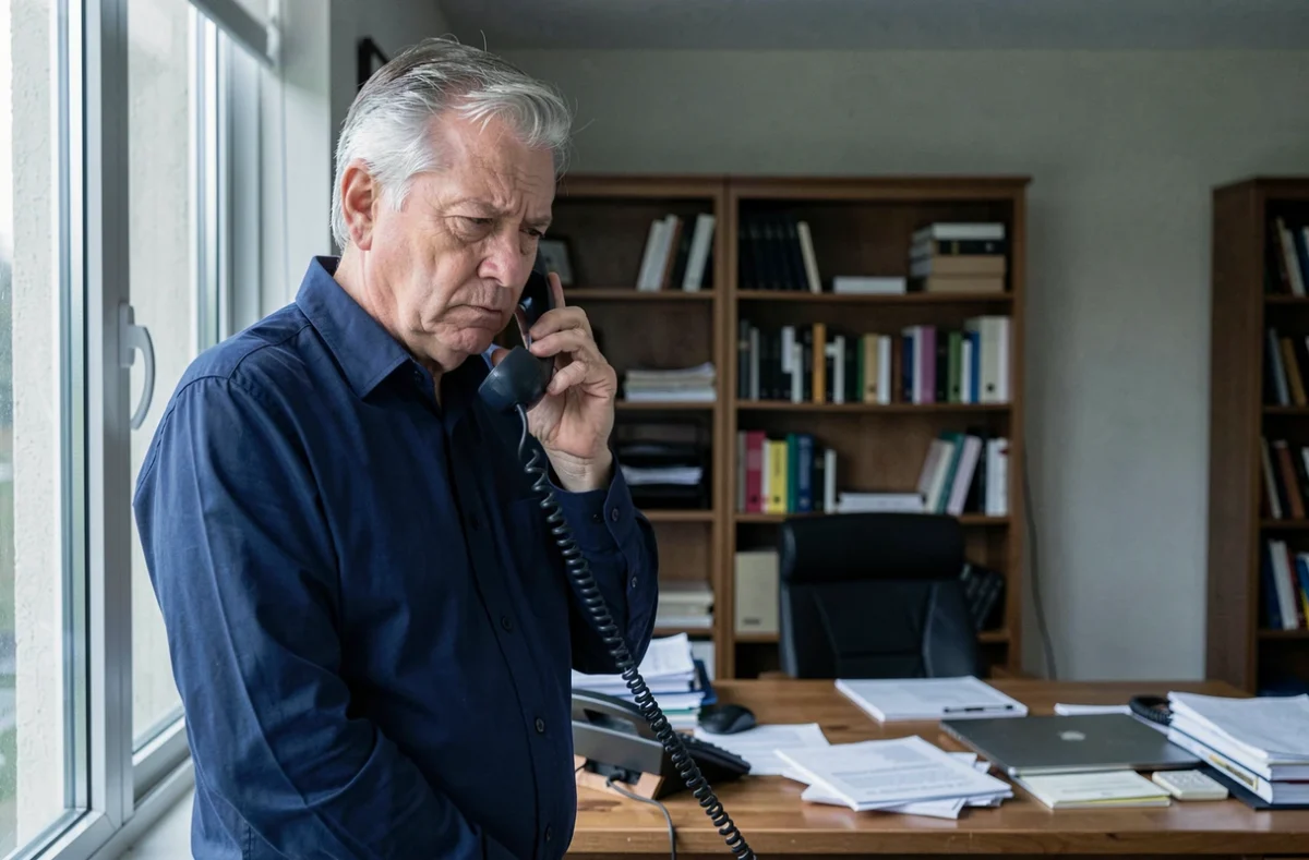 Homme âgé utilisant un téléphone fixe pour vérifier l'identité d'un numéro gratuit suspect