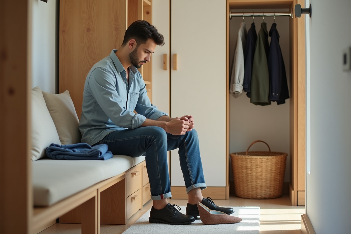 Homme assis dans un couloir avec vêtements et chaussures