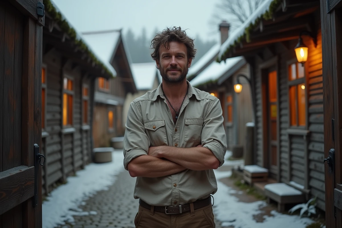 Homme confiant et chaleureux à l'entrée d'un village nordique rustique en hiver, illustrant l'évolution de Kristoff de marginal à héros accepté dans Frozen Disney