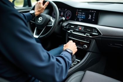 Homme d'âge moyen manipulant le levier de vitesse dans une voiture moderne