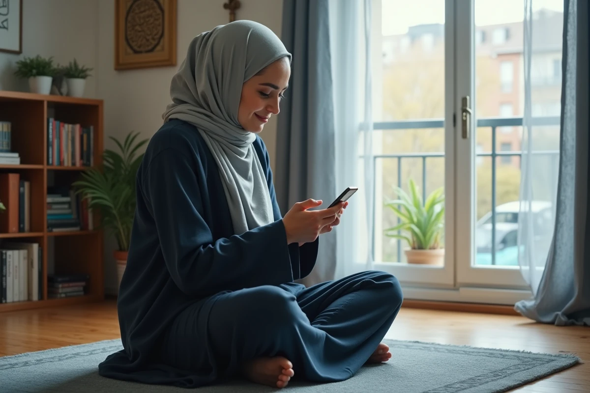 Jeune femme musulmane consultant les horaires de prière sur smartphone dans un appartement à Mantes-la-Jolie