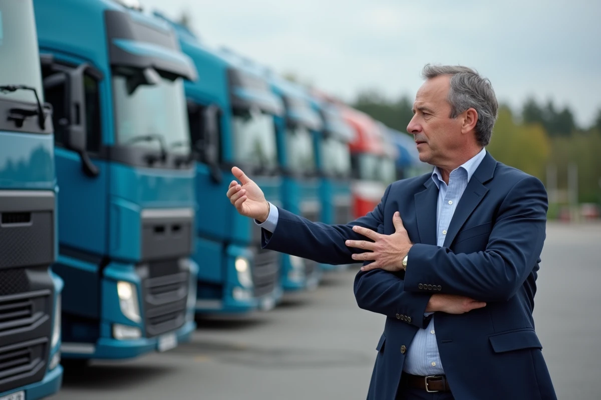Ingénieur automobile devant camions Euro 6 en extérieur