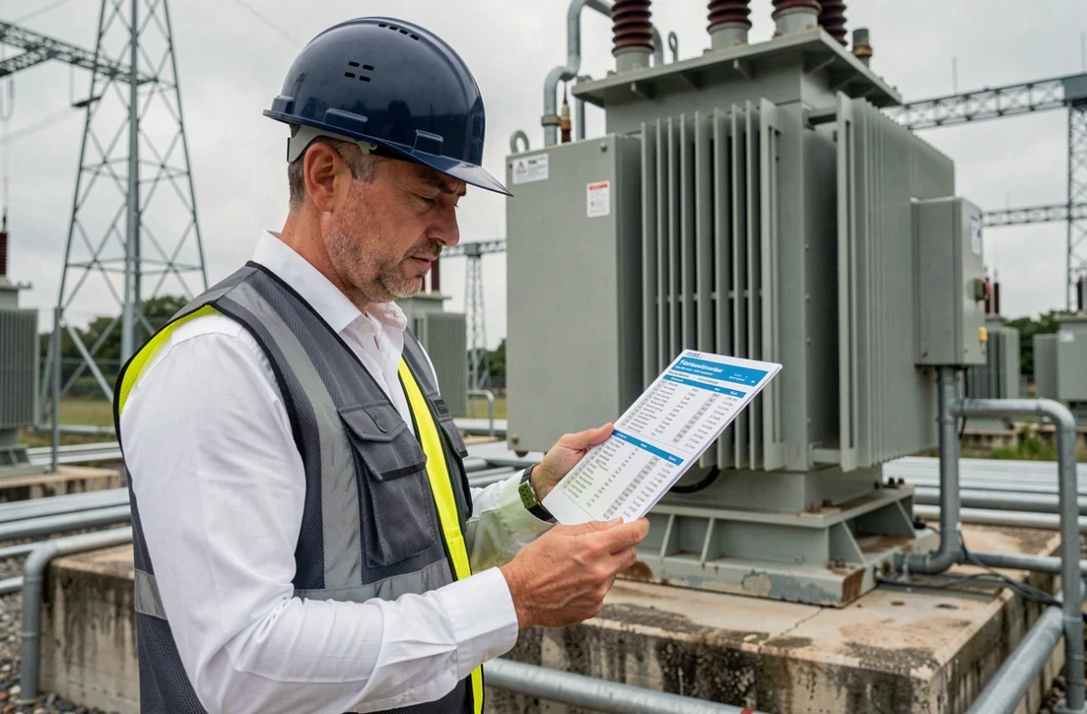 Ingénieur électricien consultant une fiche de conversion mégawatt kilowatt dans un poste de transformation électrique industriel