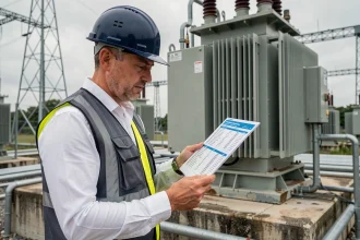 Ingénieur électricien consultant une fiche de conversion mégawatt kilowatt dans un poste de transformation électrique industriel