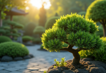 Arbuste japonais soigneusement taillé dans un jardin zen