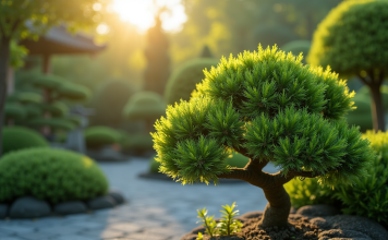 Arbuste japonais soigneusement taillé dans un jardin zen
