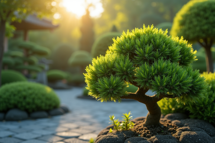 Arbuste japonais soigneusement taillé dans un jardin zen
